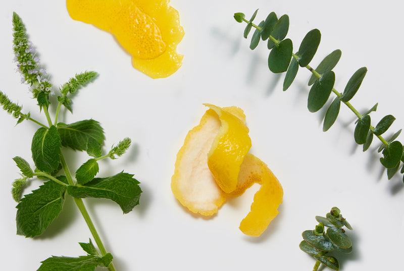Orange peels and green leaves on a white background